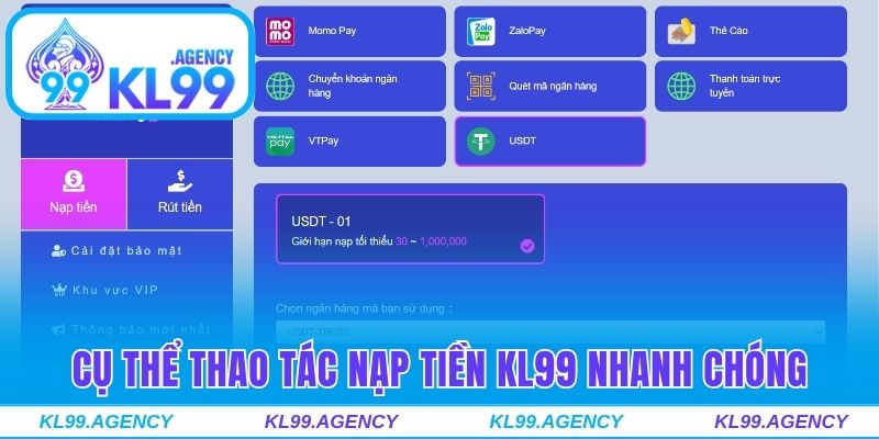 Cụ thể thao tác nạp tiền KL99 nhanh chóng