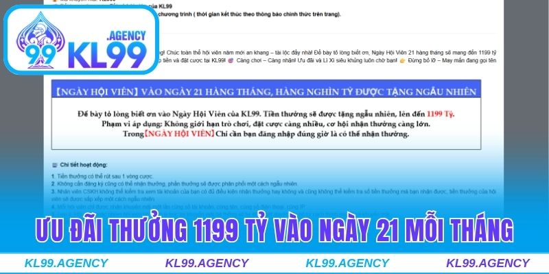 Ưu đãi thưởng 1199 tỷ vào ngày 21 mỗi tháng